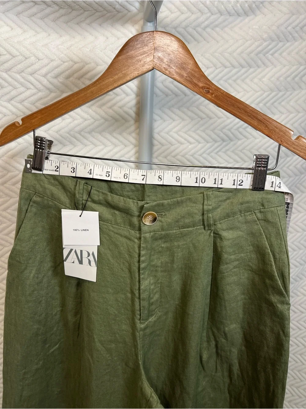 Zara NWT 100% Linen Olive Green Wide Leg High Rise Pants Small